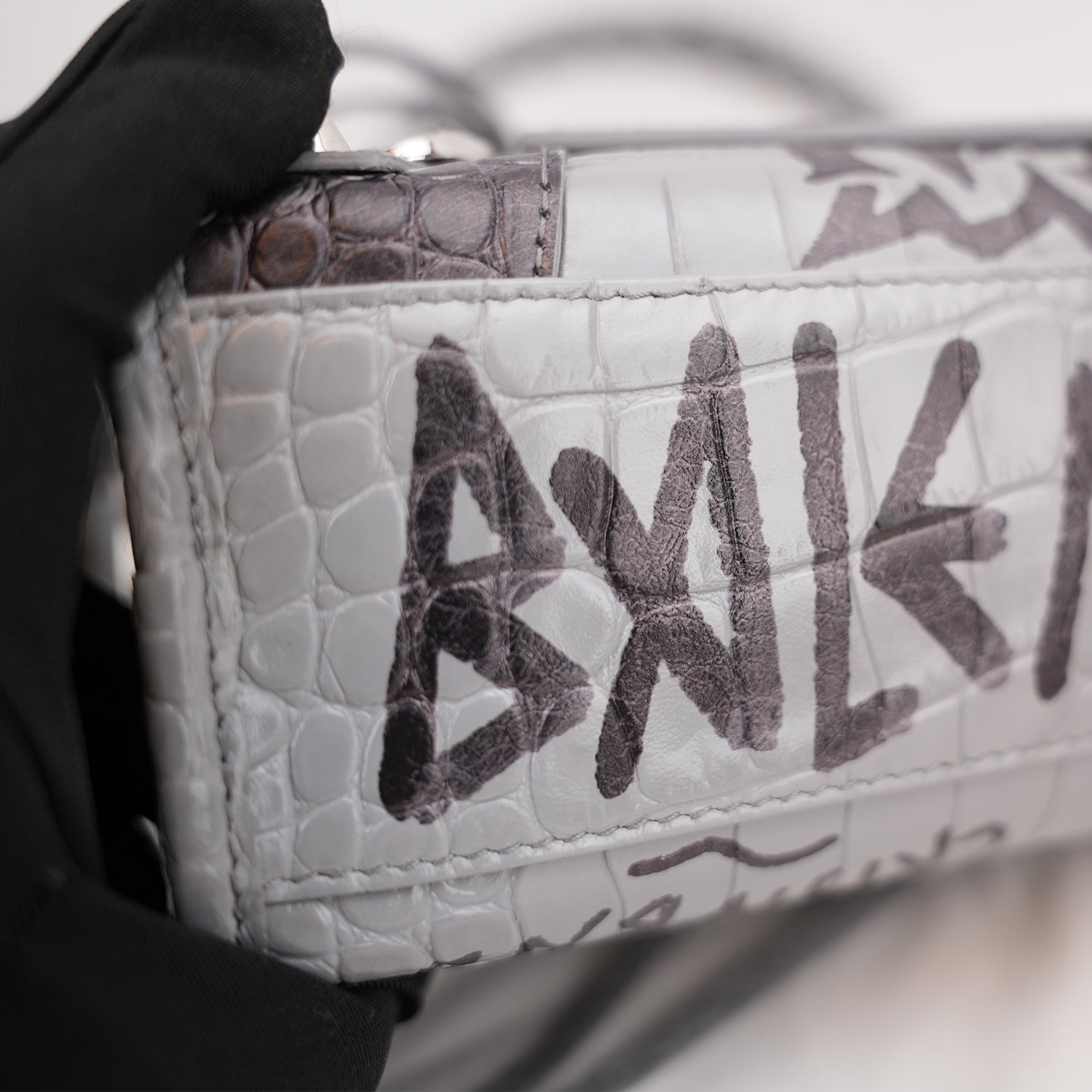 Balenciaga Classic City S Graffiti Crocodile Embossed Leather Handbag Grey Black