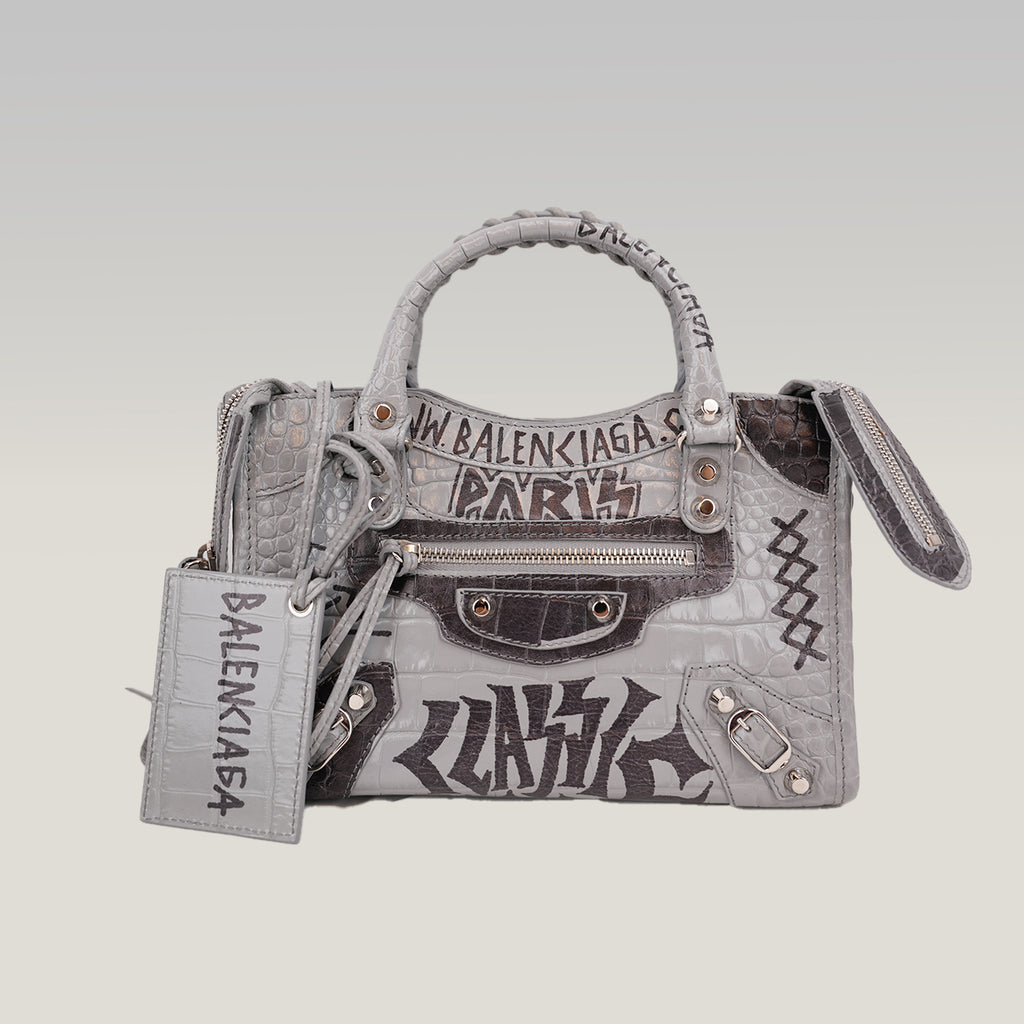 Balenciaga Classic City S Graffiti Crocodile Embossed Leather Handbag Grey Black