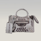 Balenciaga Classic City S Graffiti Crocodile Embossed Leather Handbag Grey Black