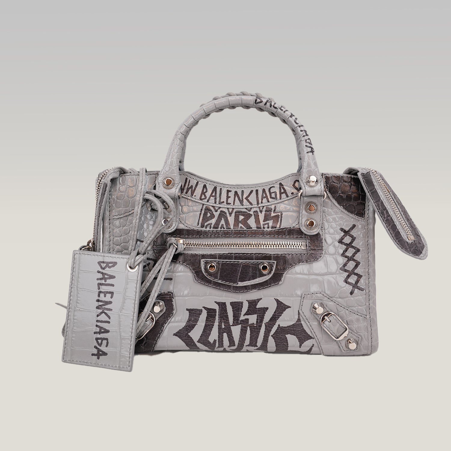 Balenciaga Classic City S Graffiti Crocodile Embossed Leather Handbag Grey Black