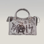 Balenciaga Classic City S Graffiti Crocodile Embossed Leather Handbag Grey Black