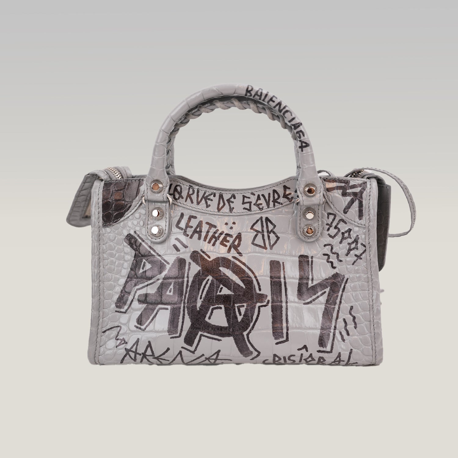Balenciaga Classic City S Graffiti Crocodile Embossed Leather Handbag Grey Black