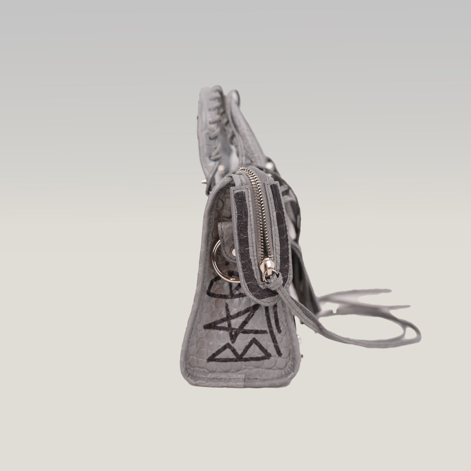 Balenciaga Classic City S Graffiti Crocodile Embossed Leather Handbag Grey Black