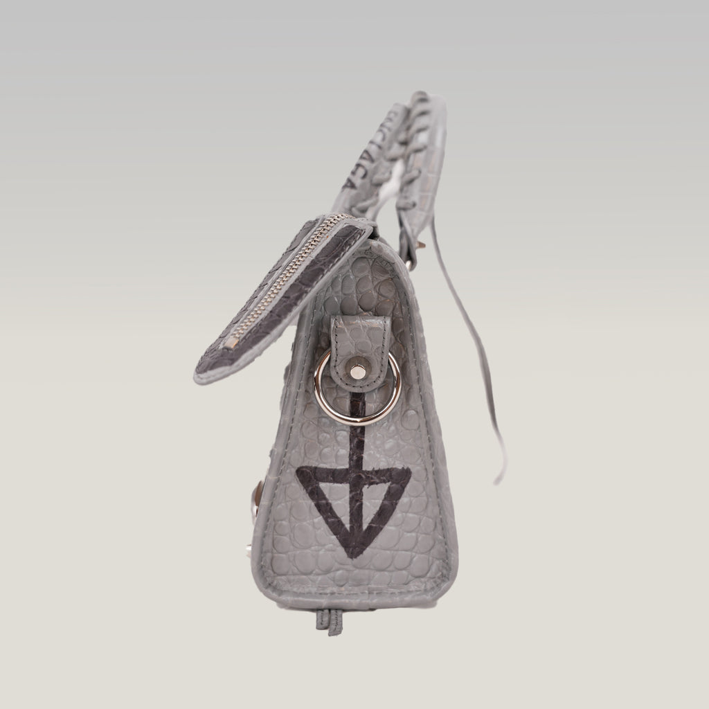Balenciaga Classic City S Graffiti Crocodile Embossed Leather Handbag Grey Black