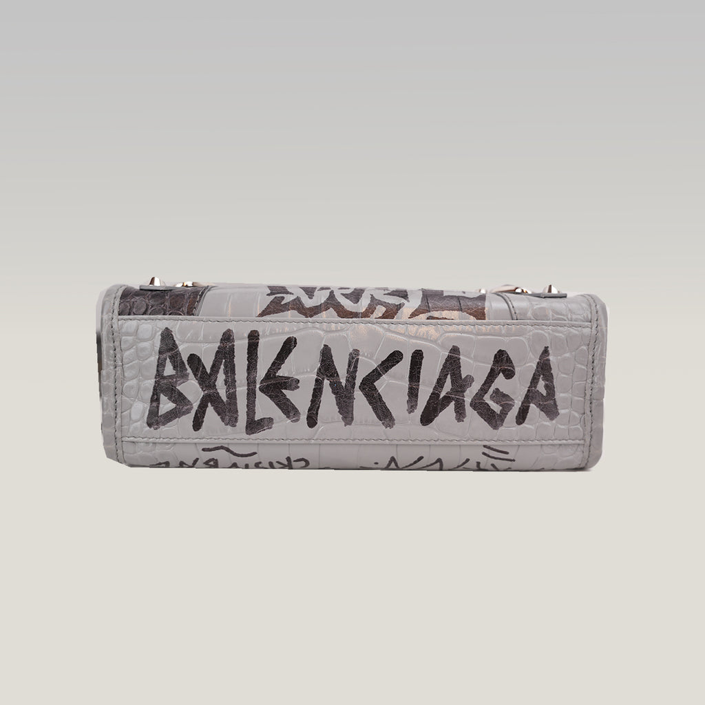 Balenciaga Classic City S Graffiti Crocodile Embossed Leather Handbag Grey Black
