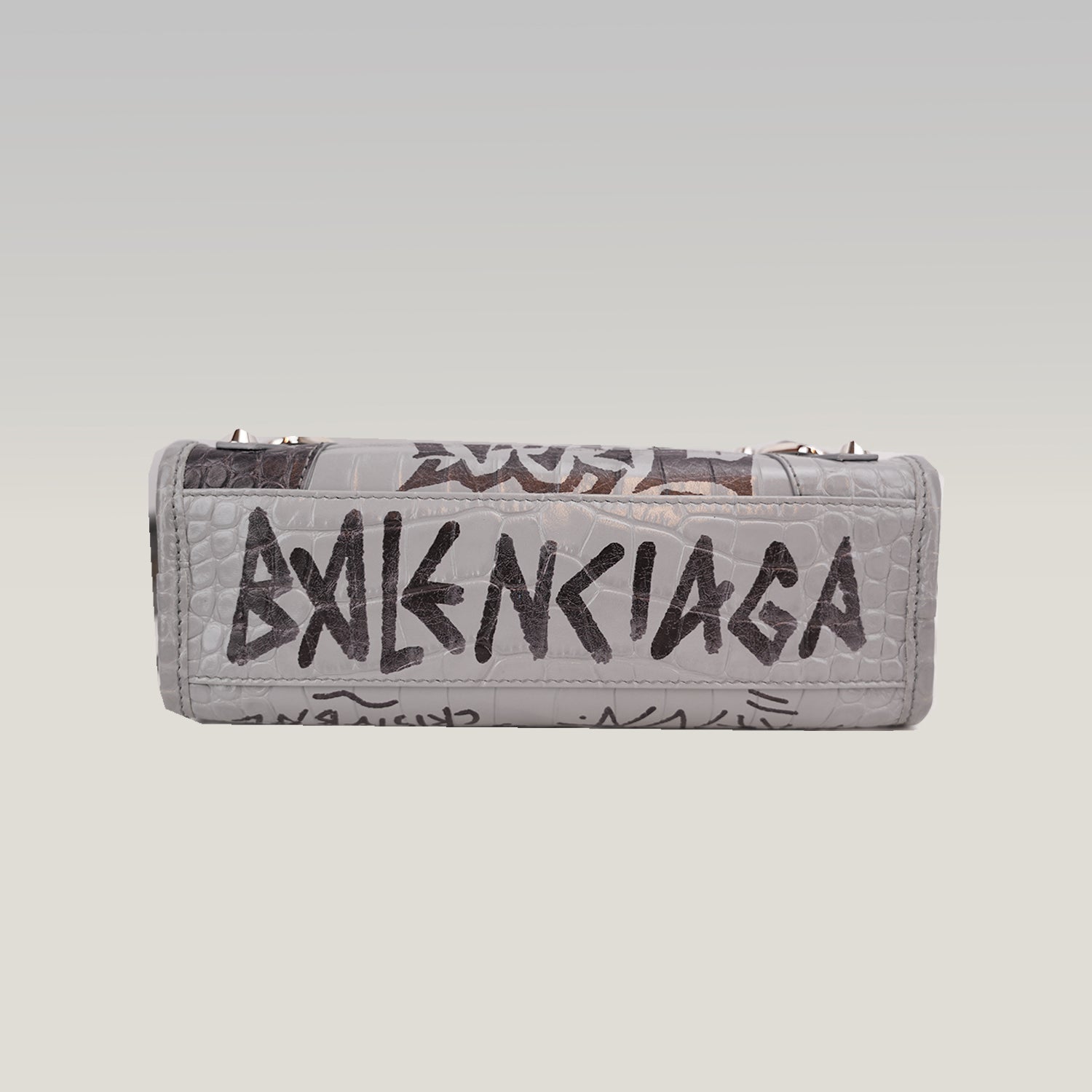 Balenciaga Classic City S Graffiti Crocodile Embossed Leather Handbag Grey Black