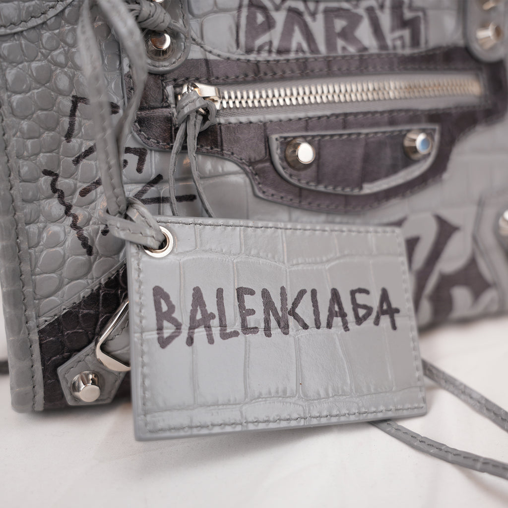 Balenciaga Classic City S Graffiti Crocodile Embossed Leather Handbag Grey Black