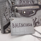 Balenciaga Classic City S Graffiti Crocodile Embossed Leather Handbag Grey Black