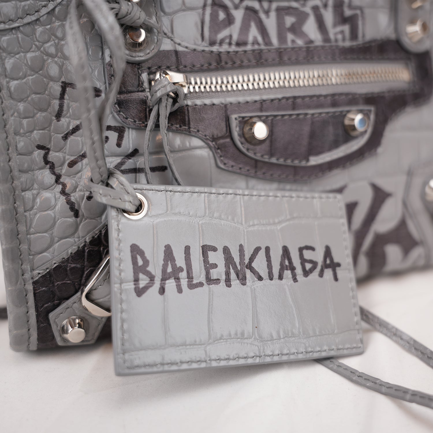 Balenciaga Classic City S Graffiti Crocodile Embossed Leather Handbag Grey Black