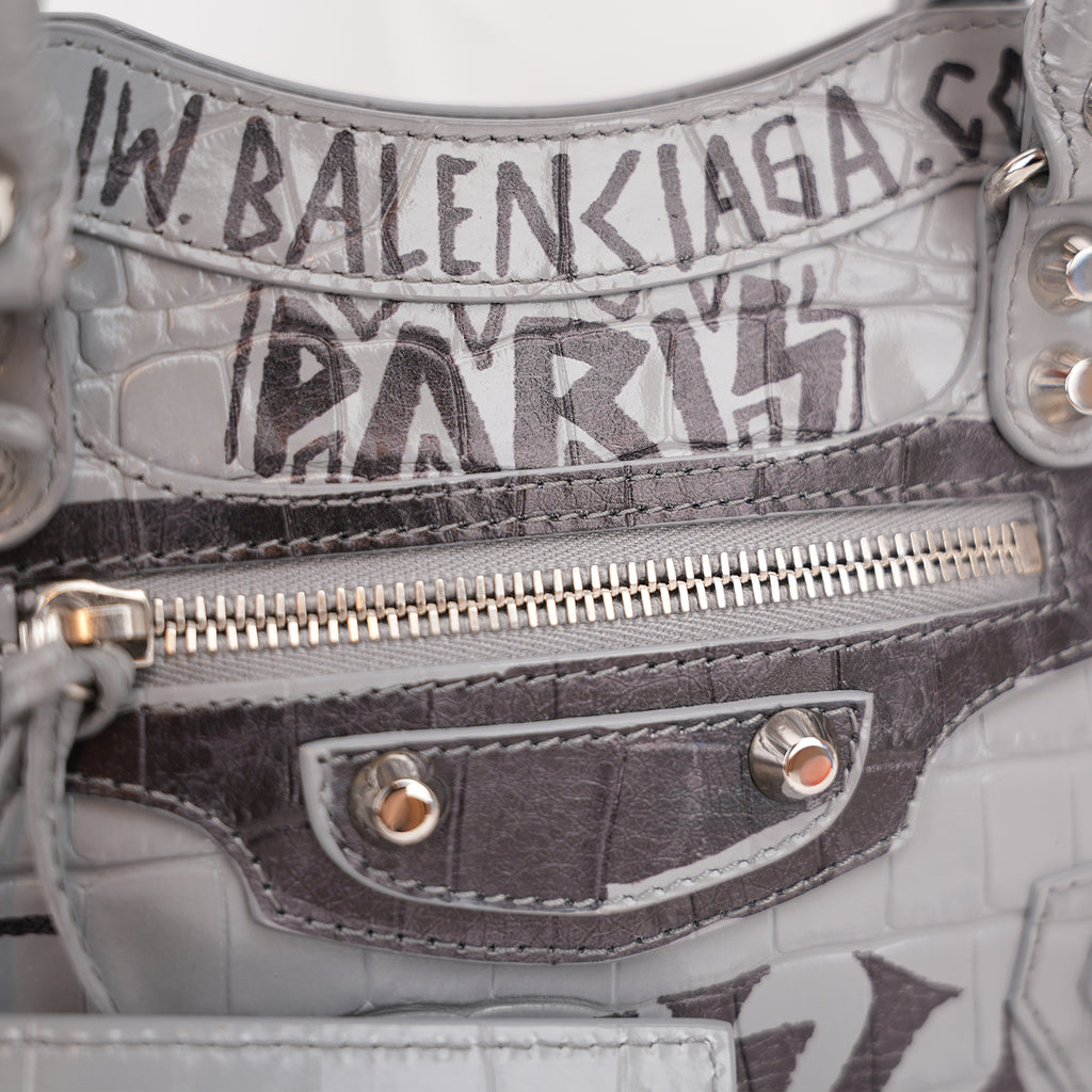 Balenciaga Classic City S Graffiti Crocodile Embossed Leather Handbag Grey Black
