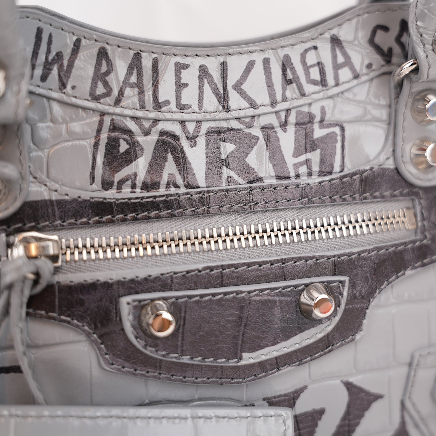 Balenciaga Classic City S Graffiti Crocodile Embossed Leather Handbag Grey Black
