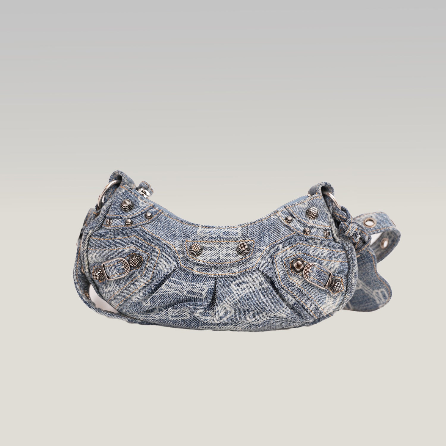 Balenciaga Le Cagole Borsa a Spalla Blu in Denim e Tela Monogram con Borchie