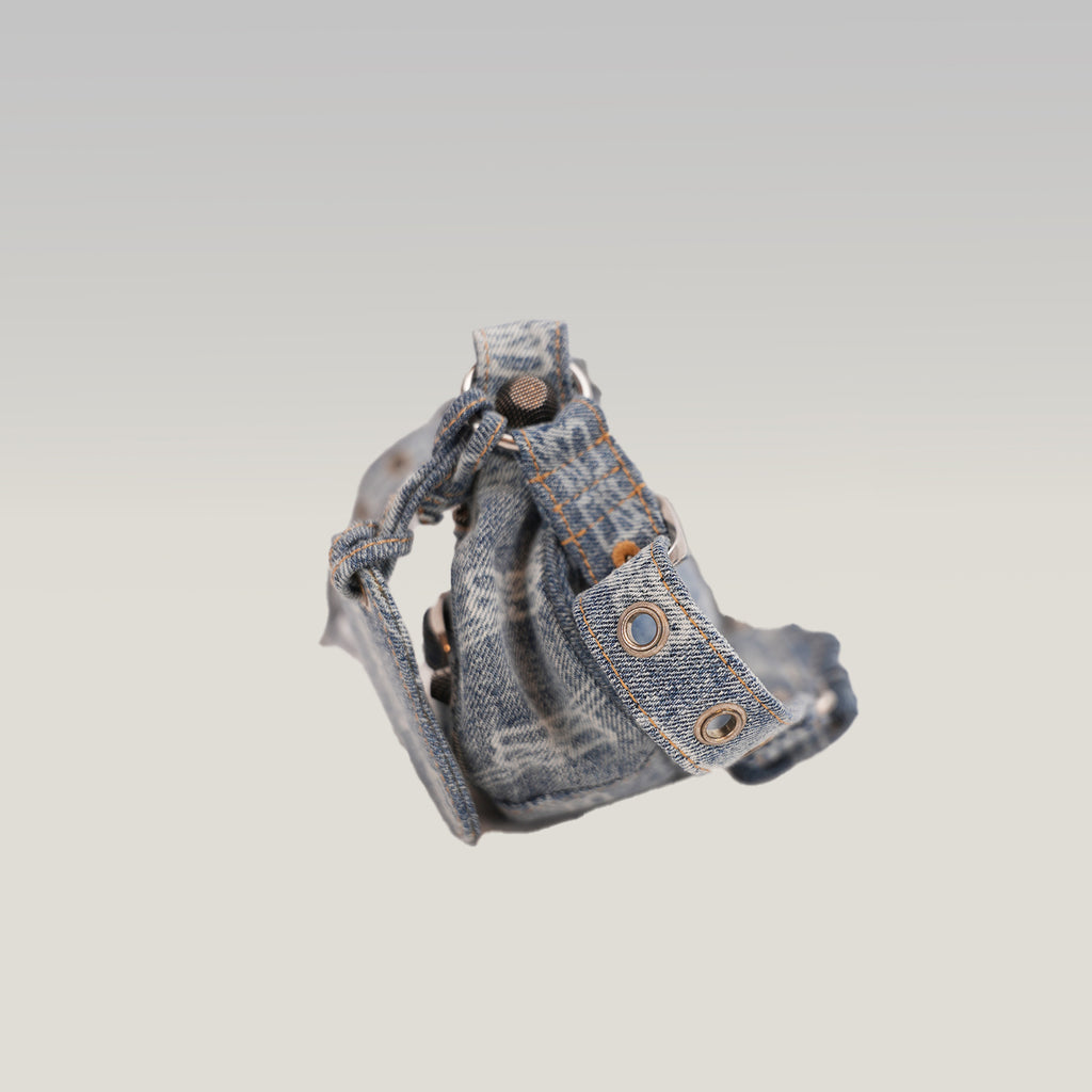 Balenciaga Le Cagole Borsa a Spalla Blu in Denim e Tela Monogram con Borchie