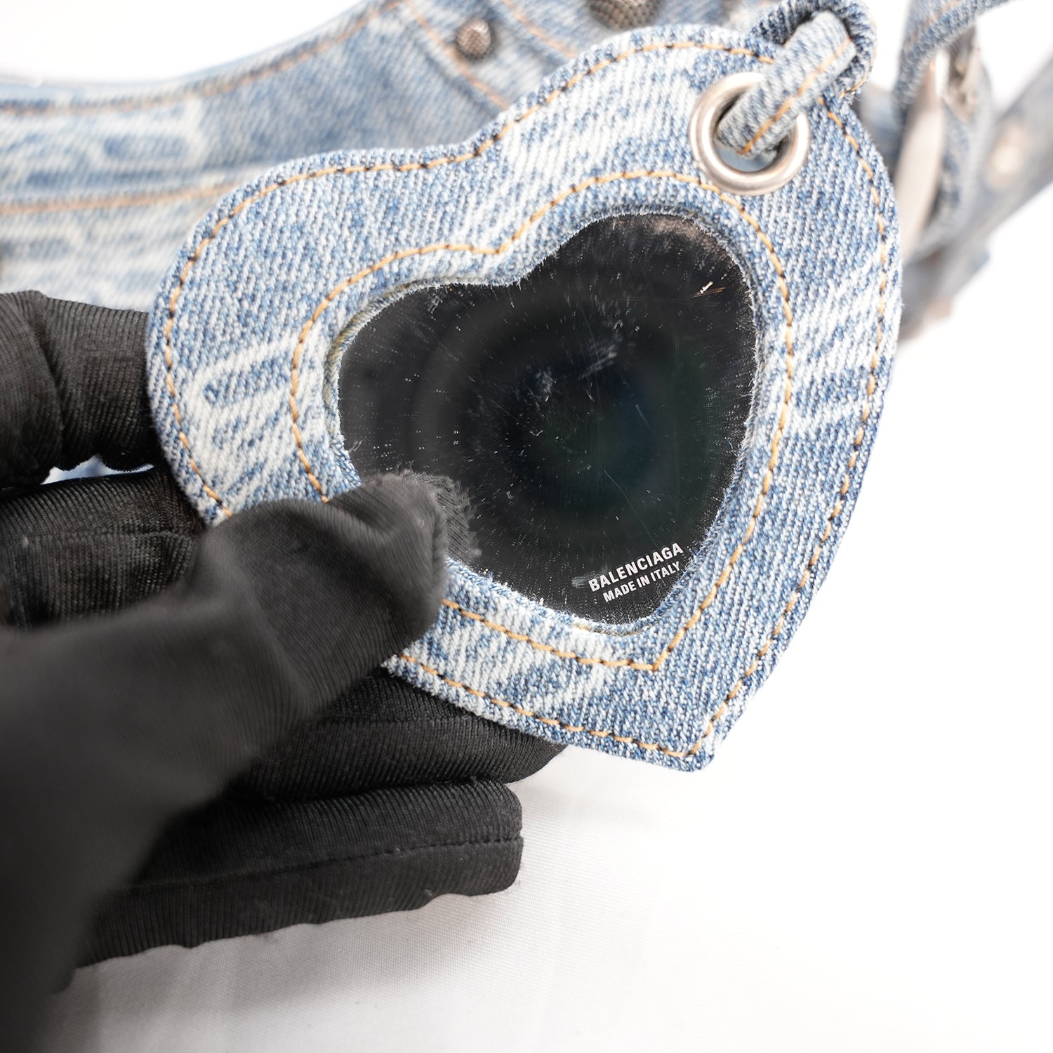 Balenciaga Le Cagole Borsa a Spalla Blu in Denim e Tela Monogram con Borchie
