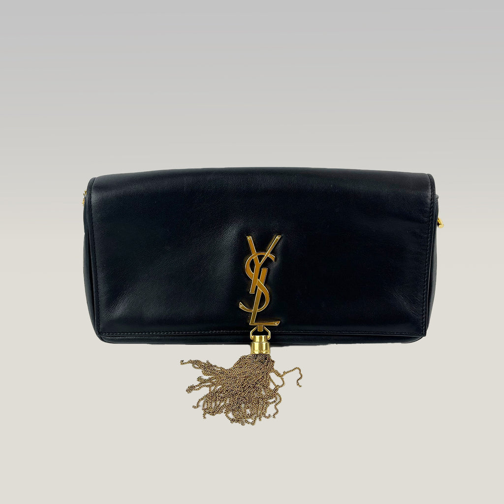 Saint Laurent Kate Tassel Clutch Black Leather YSL Logo Gold Chain Bag
