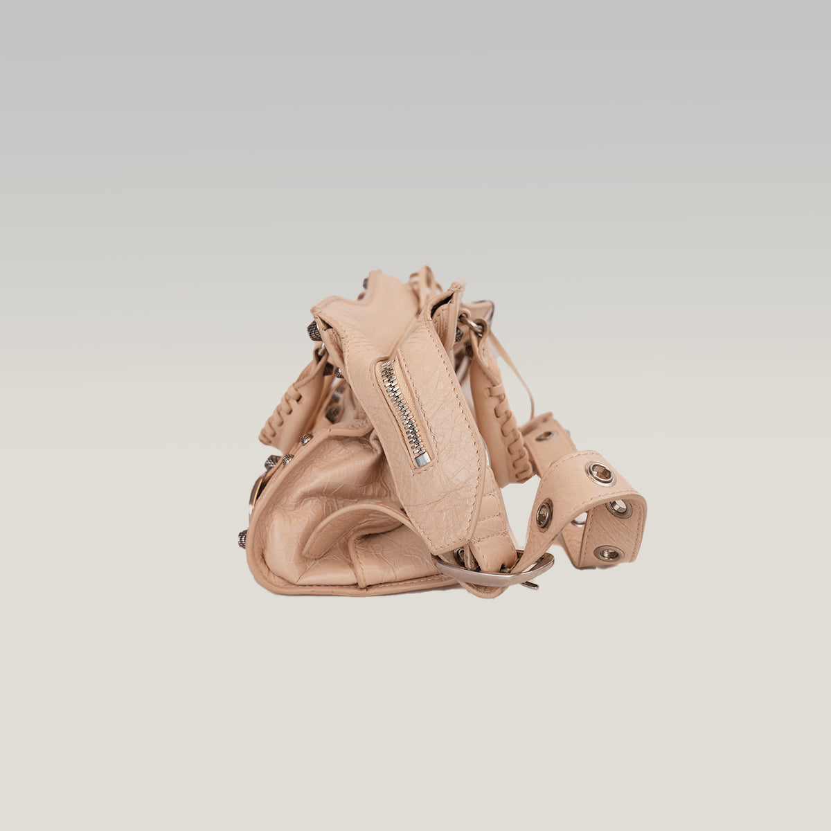 Balenciaga Neo Cagole Borsa Piccola in Pelle Arena Beige Nude con Borchie e Frange 26 cm