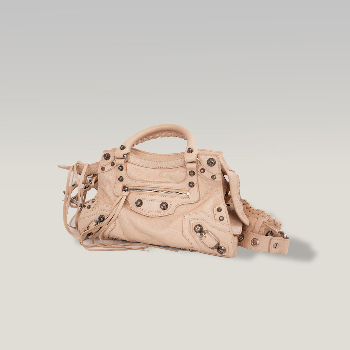 Balenciaga Neo Cagole Borsa Piccola in Pelle Arena Beige Nude con Borchie e Frange 26 cm