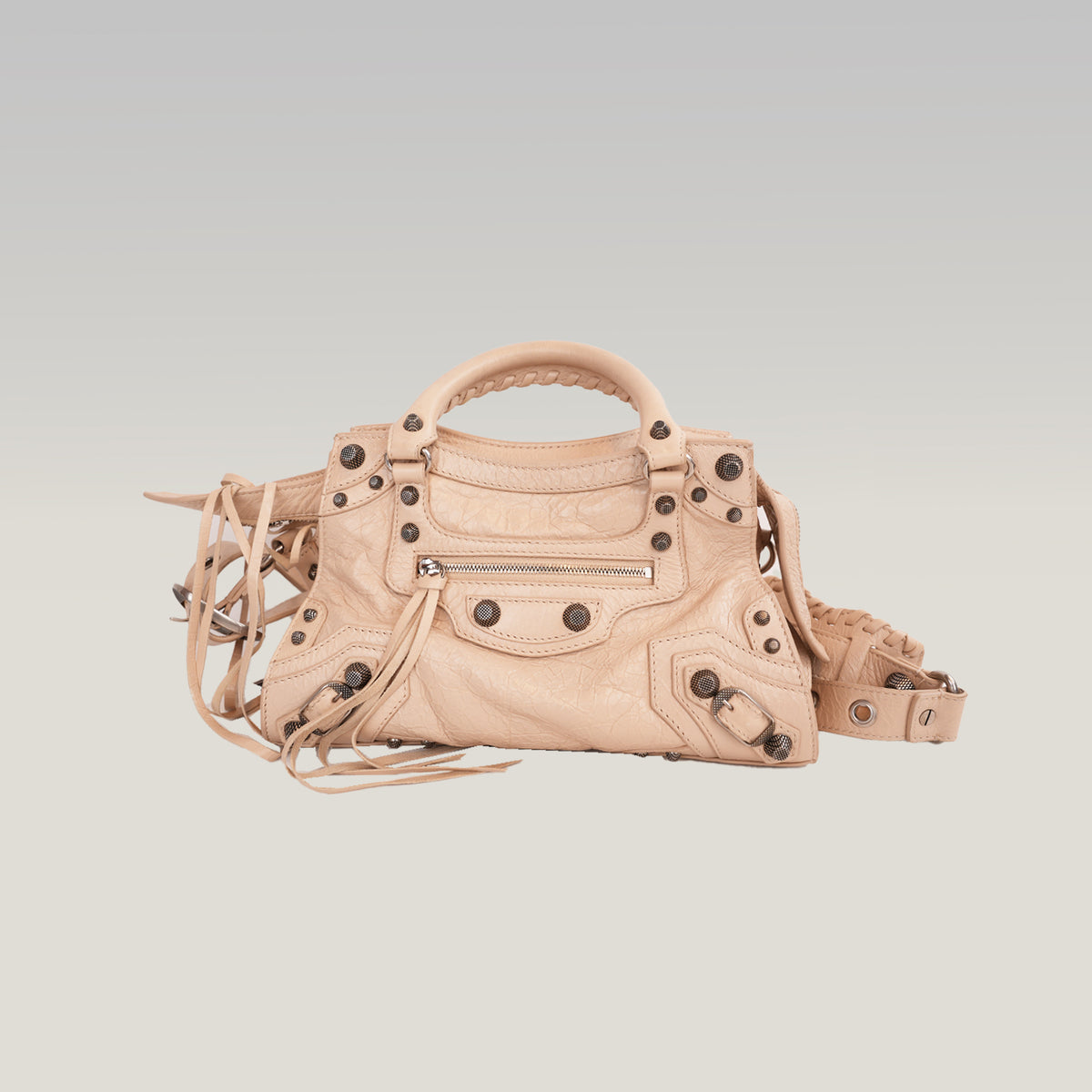 Balenciaga Neo Cagole Borsa Piccola in Pelle Arena Beige Nude con Borchie e Frange 26 cm