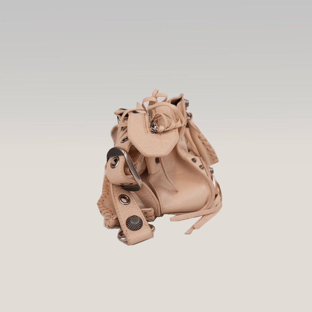 Balenciaga Neo Cagole Borsa Piccola in Pelle Arena Beige Nude con Borchie e Frange 26 cm