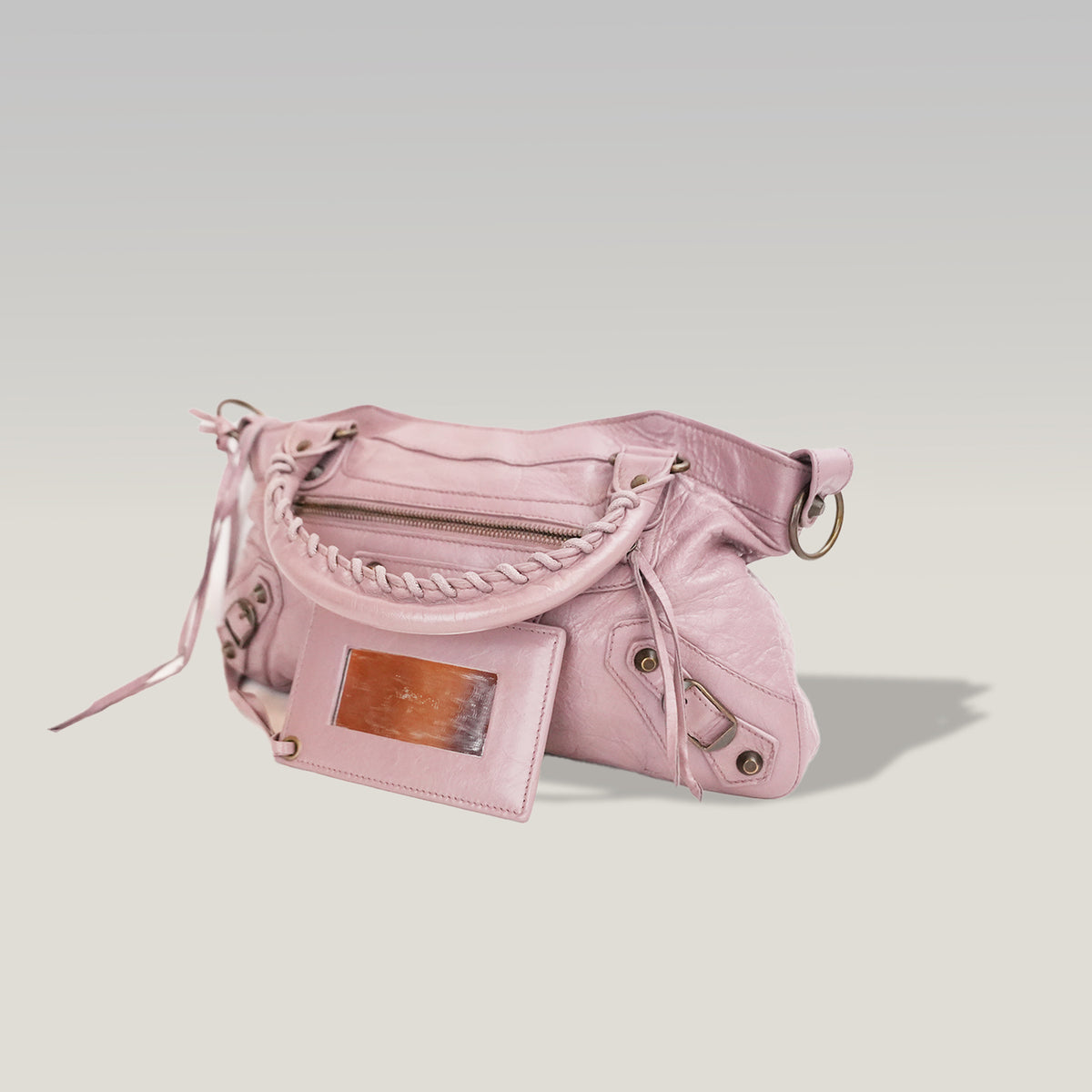 Balenciaga City Medium Parme Pink Waxed Leather Studded Motorcycle Bag