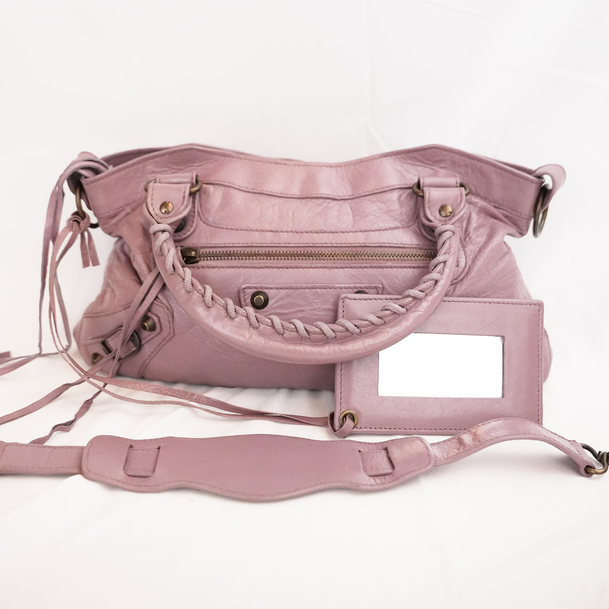 Balenciaga City Medium Parme Pink Waxed Leather Studded Motorcycle Bag