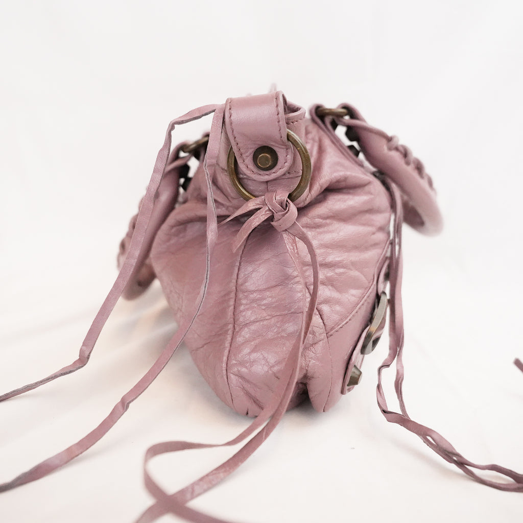 Balenciaga City Medium Parme Pink Waxed Leather Studded Motorcycle Bag