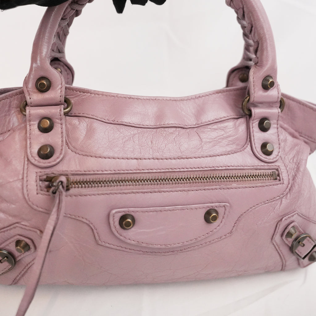 Balenciaga City Medium Parme Pink Waxed Leather Studded Motorcycle Bag