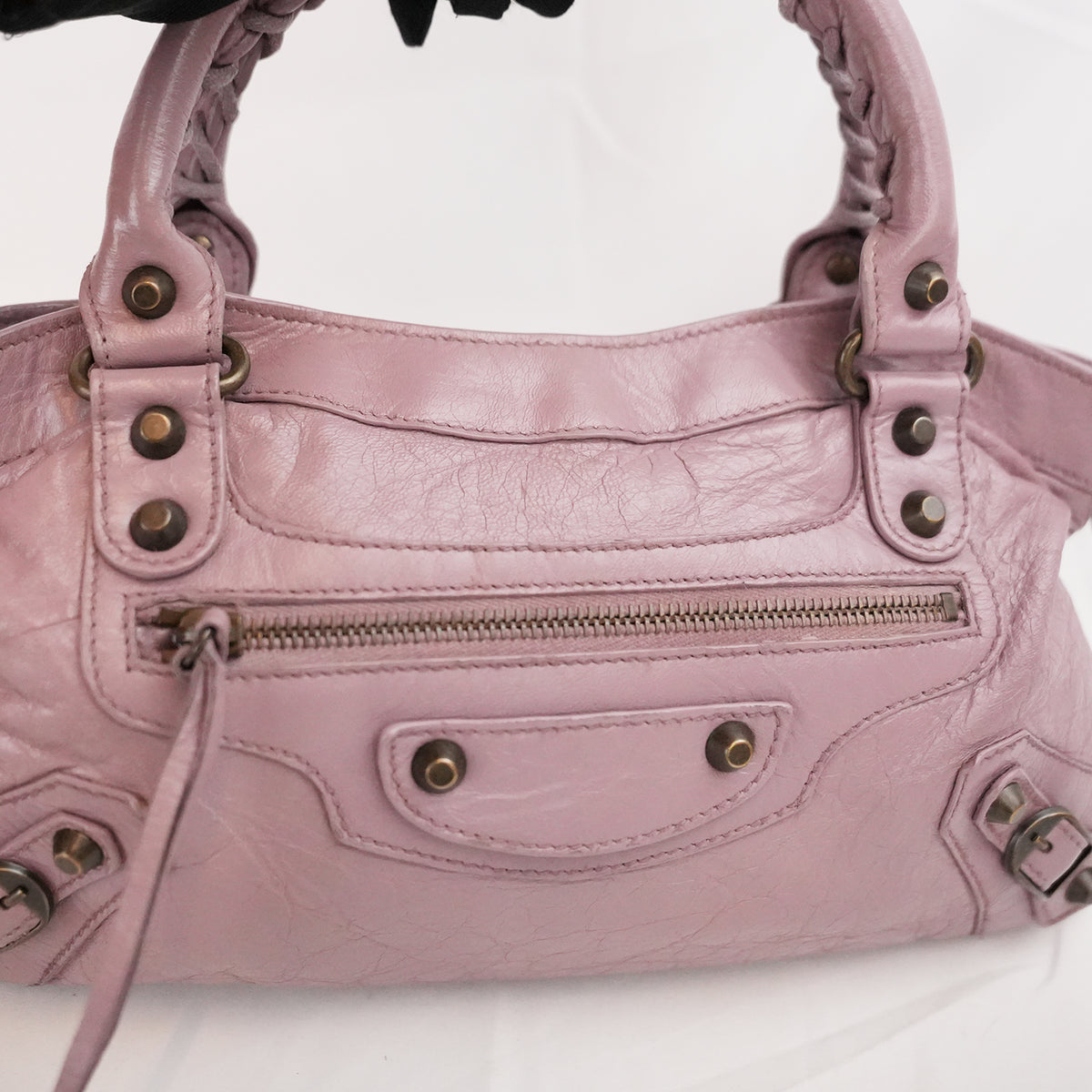 Balenciaga City Medium Parme Pink Waxed Leather Studded Motorcycle Bag
