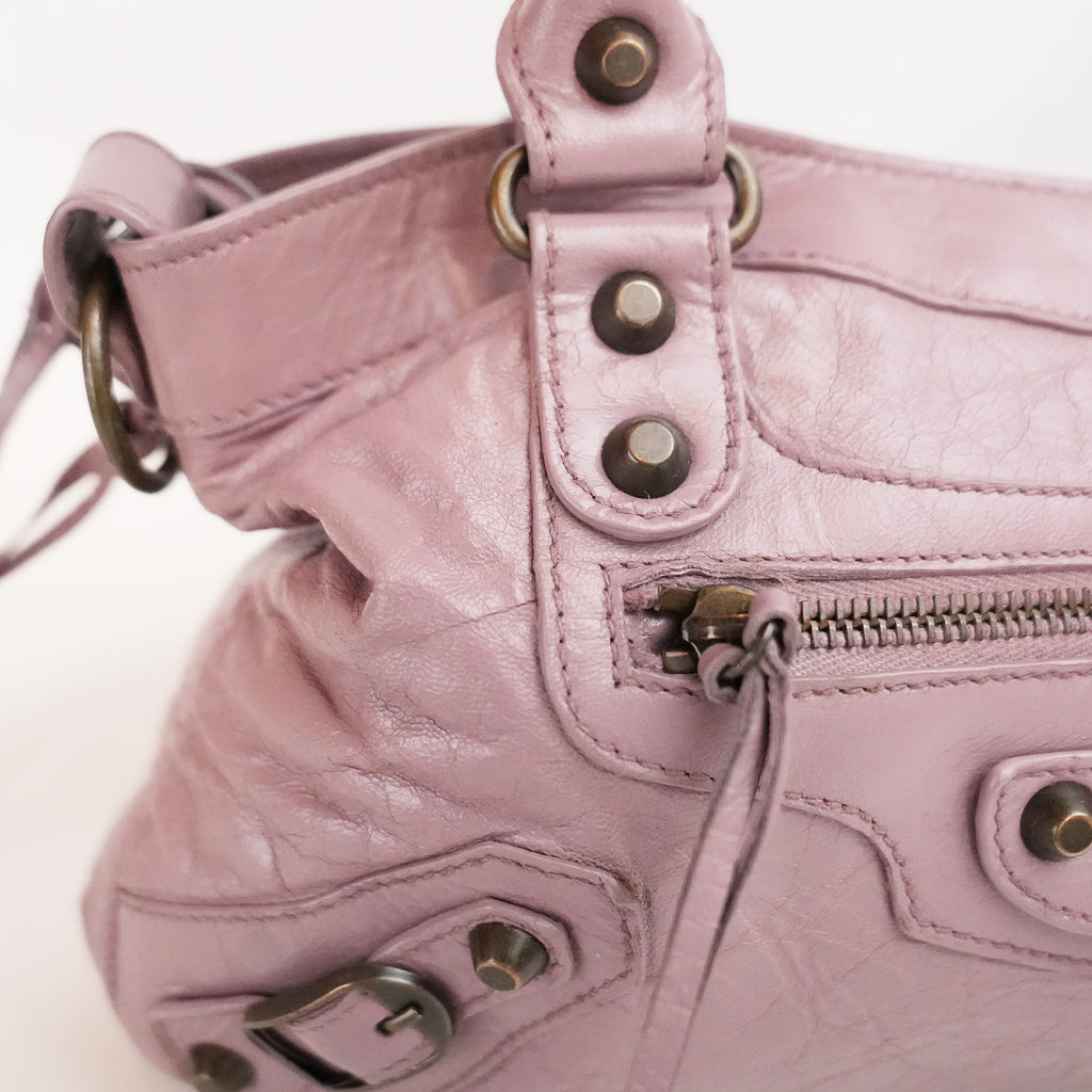 Balenciaga City Medium Parme Pink Waxed Leather Studded Motorcycle Bag