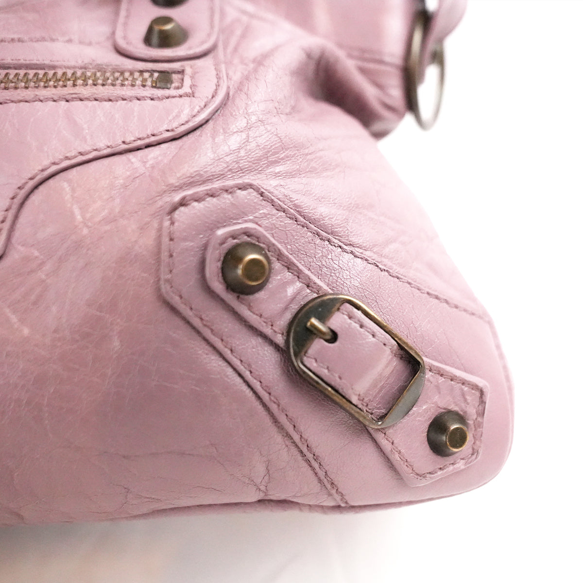 Balenciaga City Medium Parme Pink Waxed Leather Studded Motorcycle Bag