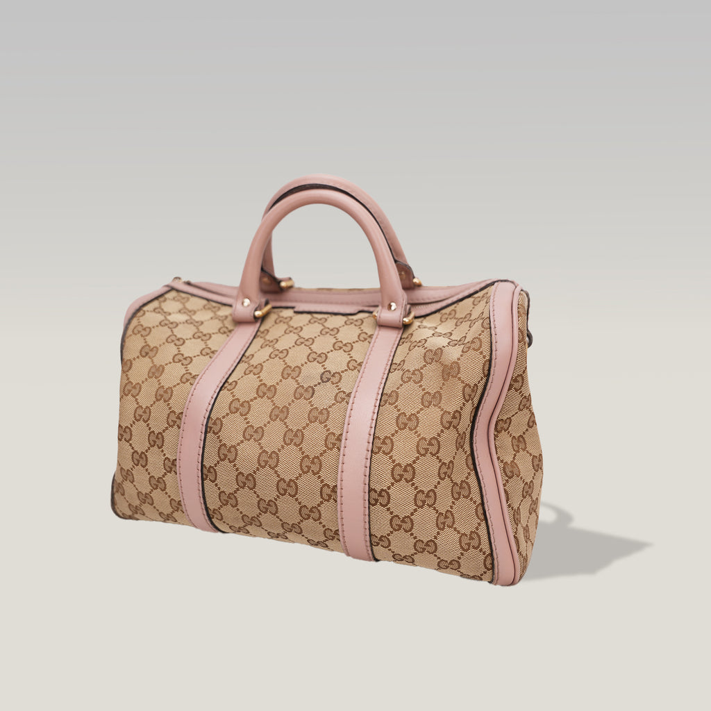 Gucci GG Canvas Boston Bag Beige & Pink Leather Trim Medium Top Handle Bag