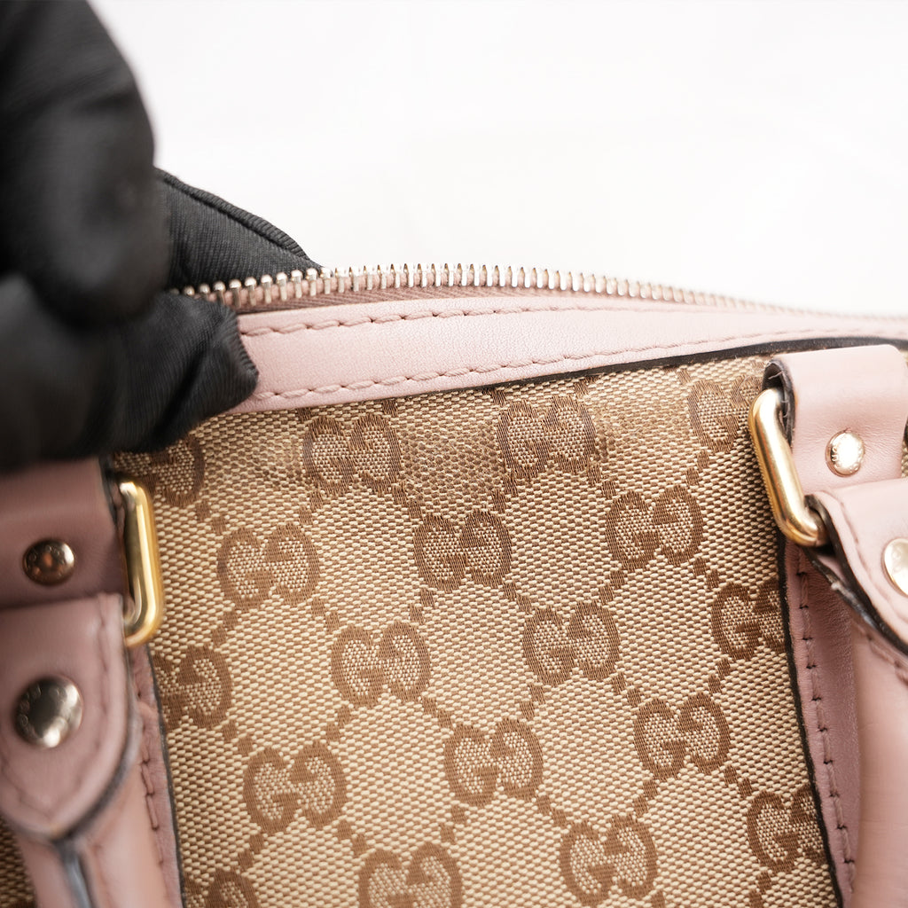 Gucci GG Canvas Boston Bag Beige & Pink Leather Trim Medium Top Handle Bag