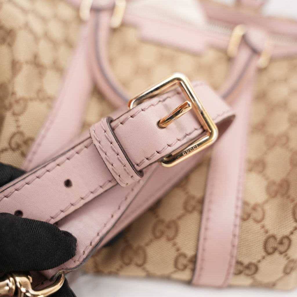 Gucci GG Canvas Boston Bag Beige & Pink Leather Trim Medium Top Handle Bag