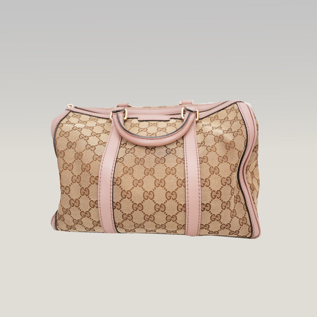 Gucci GG Canvas Boston Bag Beige & Pink Leather Trim Medium Top Handle Bag
