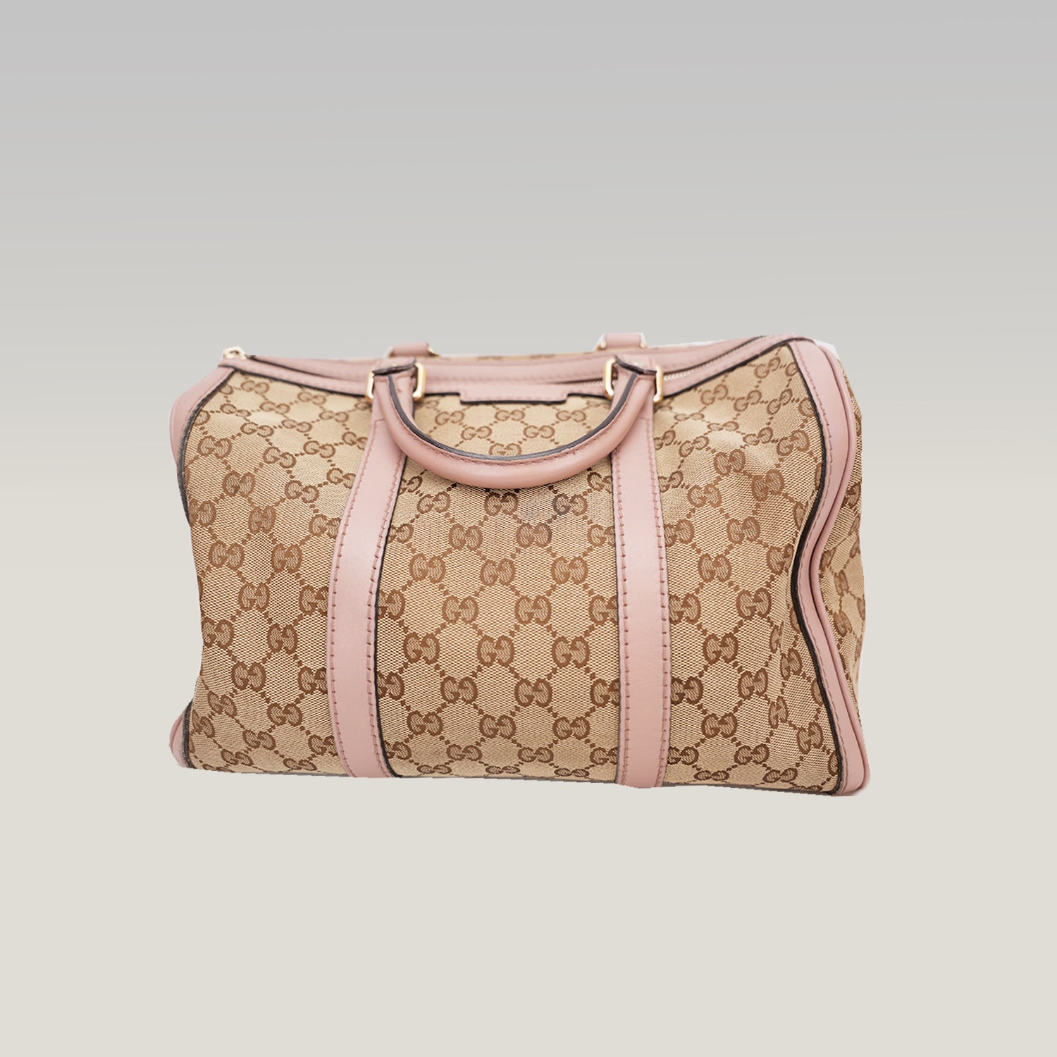 Gucci GG Canvas Boston Bag Beige & Pink Leather Trim Medium Top Handle Bag