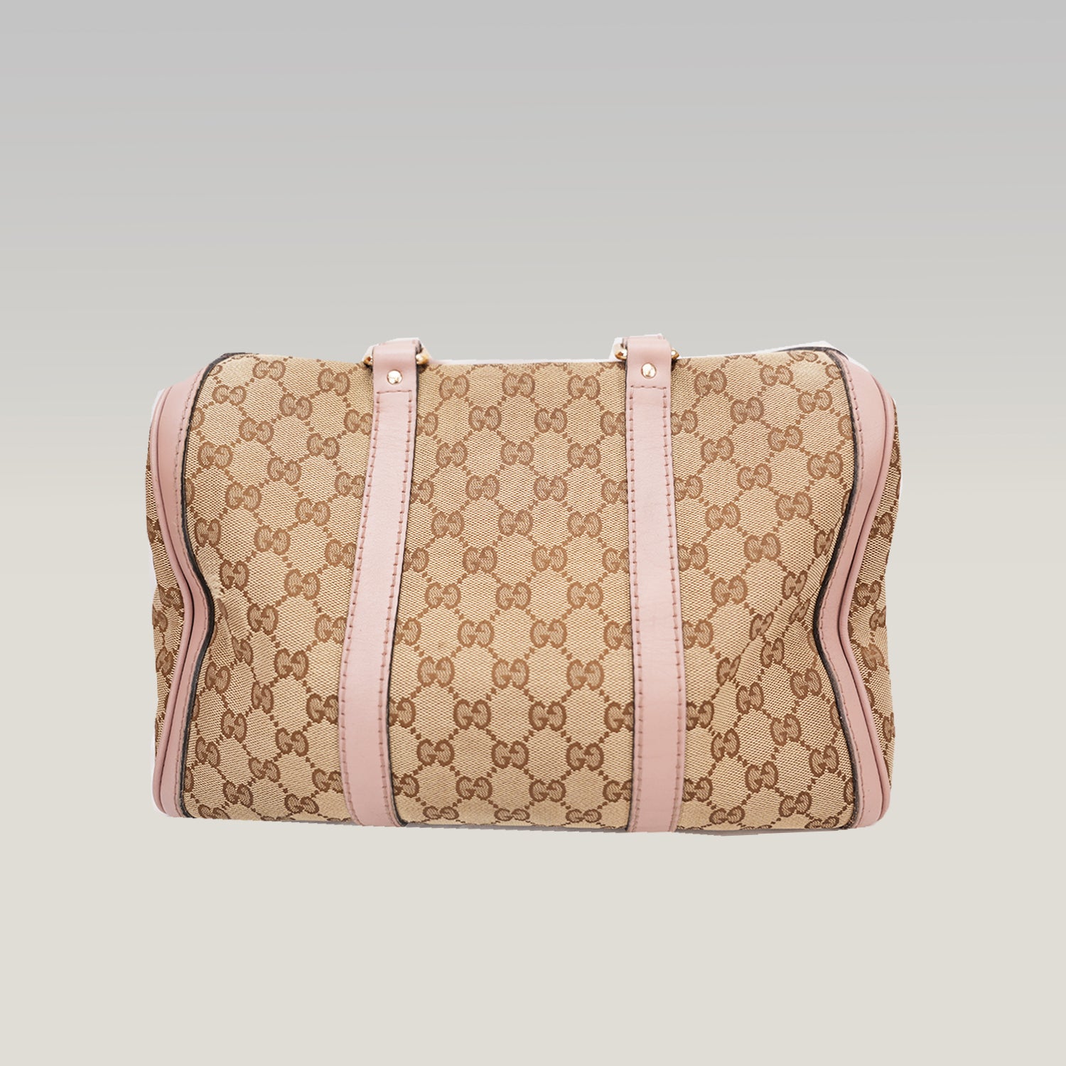 Gucci GG Canvas Boston Bag Beige & Pink Leather Trim Medium Top Handle Bag
