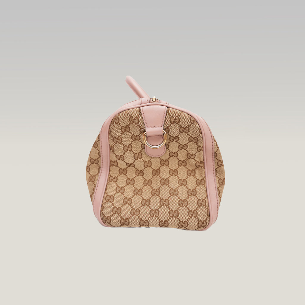 Gucci GG Canvas Boston Bag Beige & Pink Leather Trim Medium Top Handle Bag