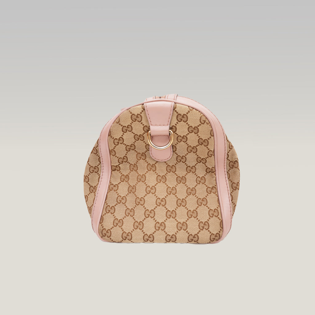 Gucci GG Canvas Boston Bag Beige & Pink Leather Trim Medium Top Handle Bag