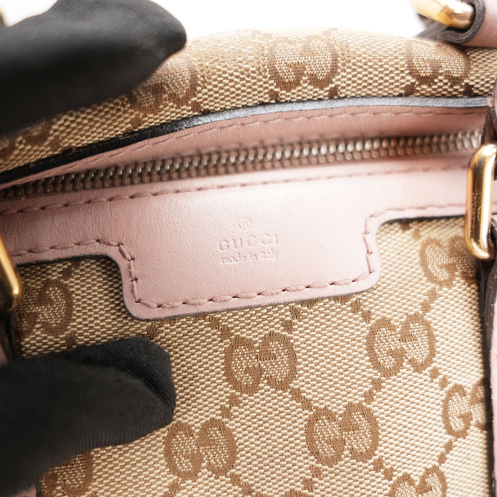 Gucci GG Canvas Boston Bag Beige & Pink Leather Trim Medium Top Handle Bag