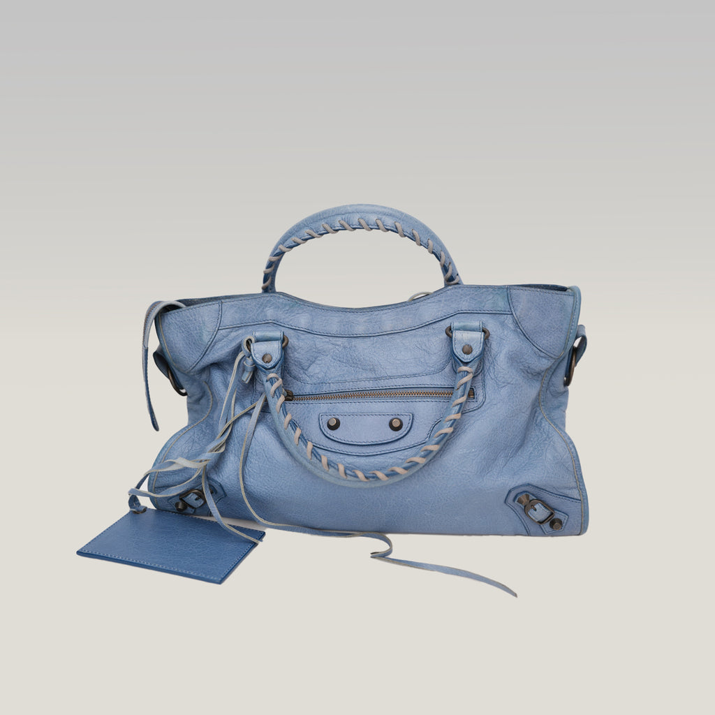 Balenciaga Classic City Blue Leather Shoulder Bag with Mirror & Strap