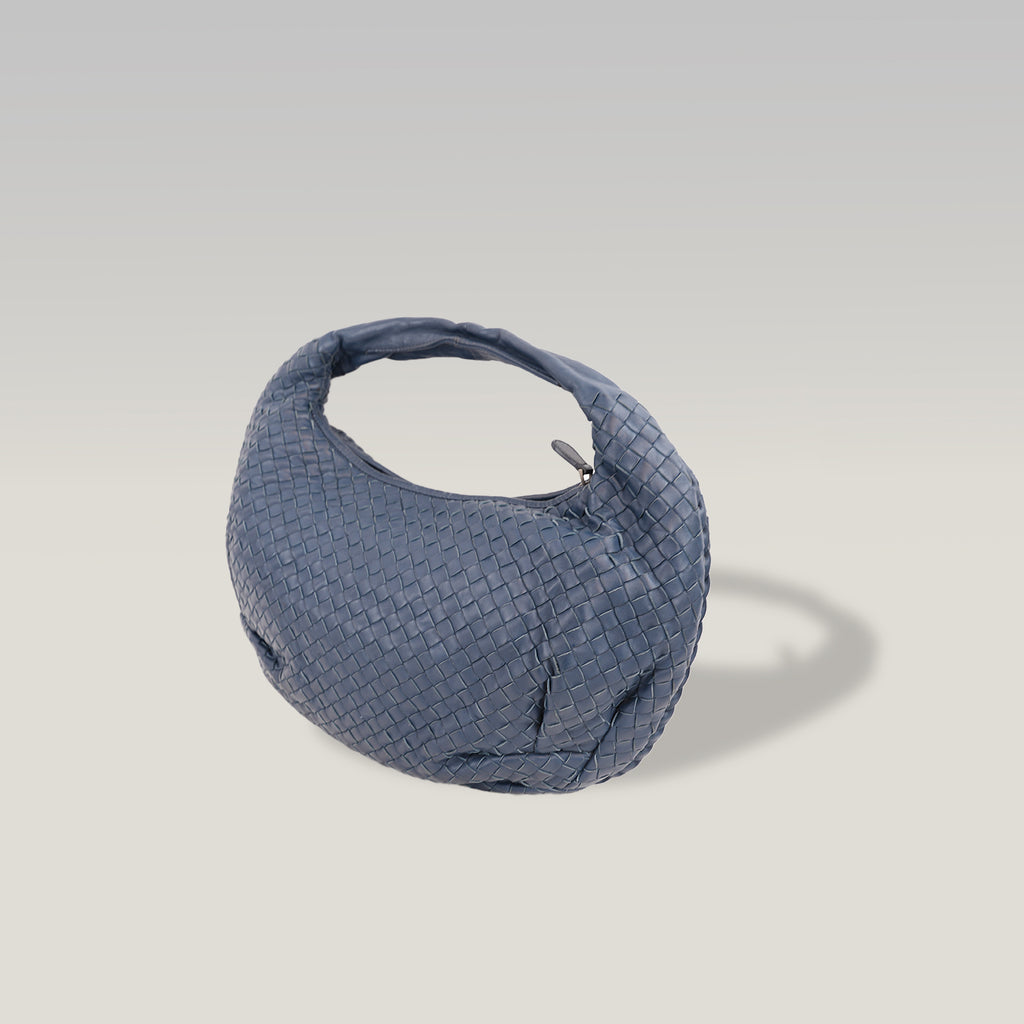 Bottega Veneta Borsa Hobo a Spalla in Pelle Intrecciato Blu Scuro con Manico Singolo
