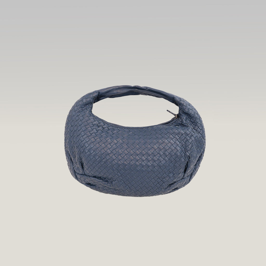 Bottega Veneta Borsa Hobo a Spalla in Pelle Intrecciato Blu Scuro con Manico Singolo