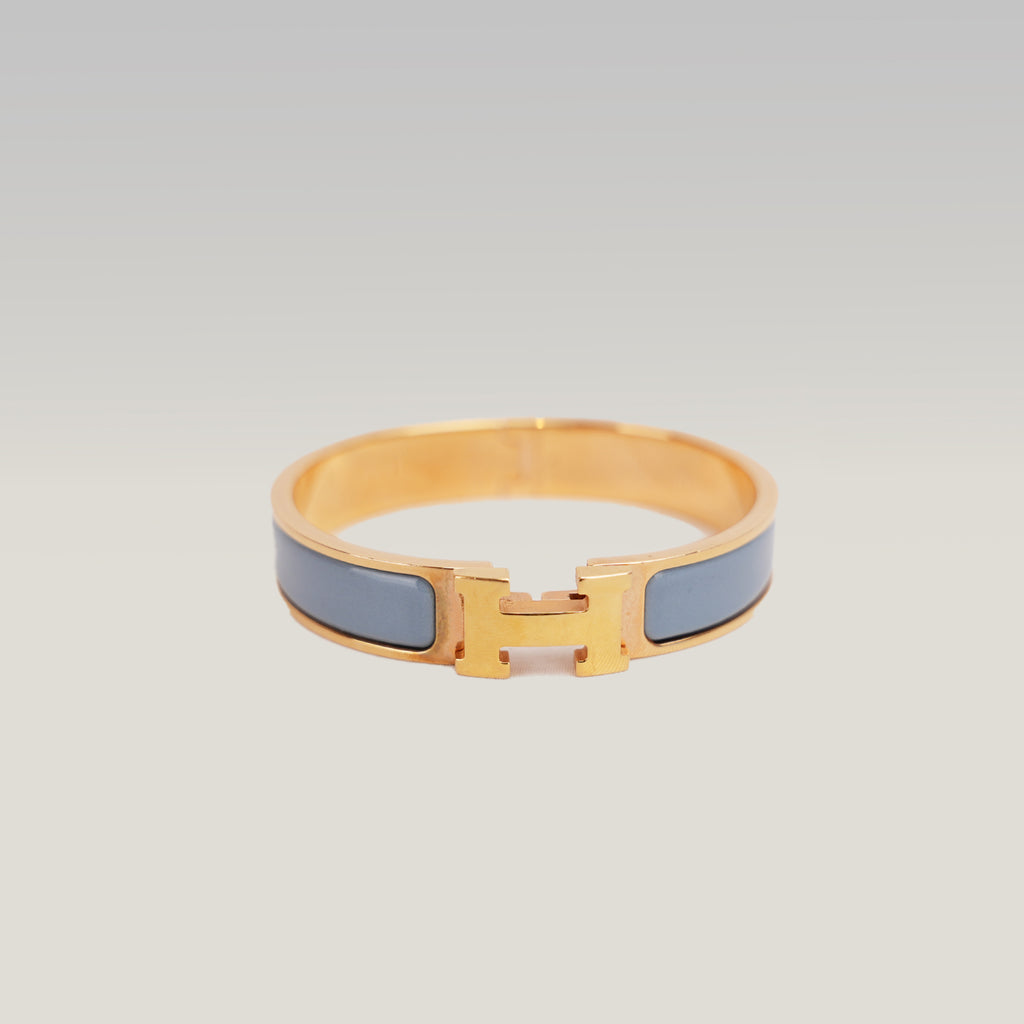 Hermès Clic H PM Bracciale Rigido in Metallo Dorato con Smalto Blu