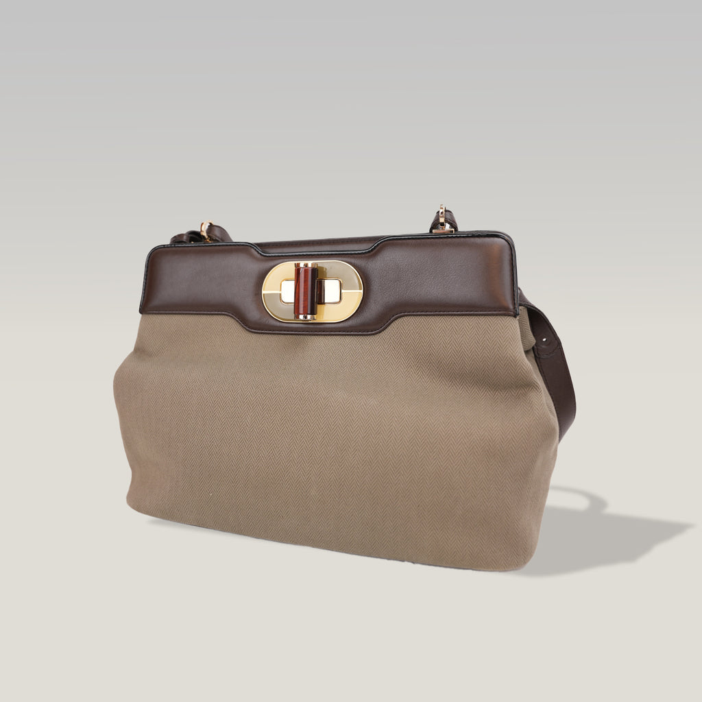 Bvlgari Isabella Rossellini Beige Canvas & Brown Leather Top Handle Bag