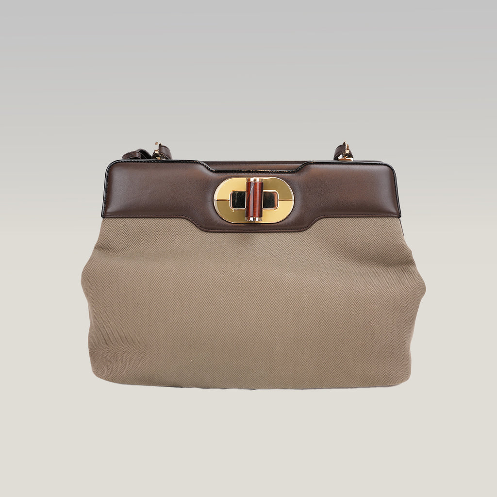 Bvlgari Isabella Rossellini Beige Canvas & Brown Leather Top Handle Bag