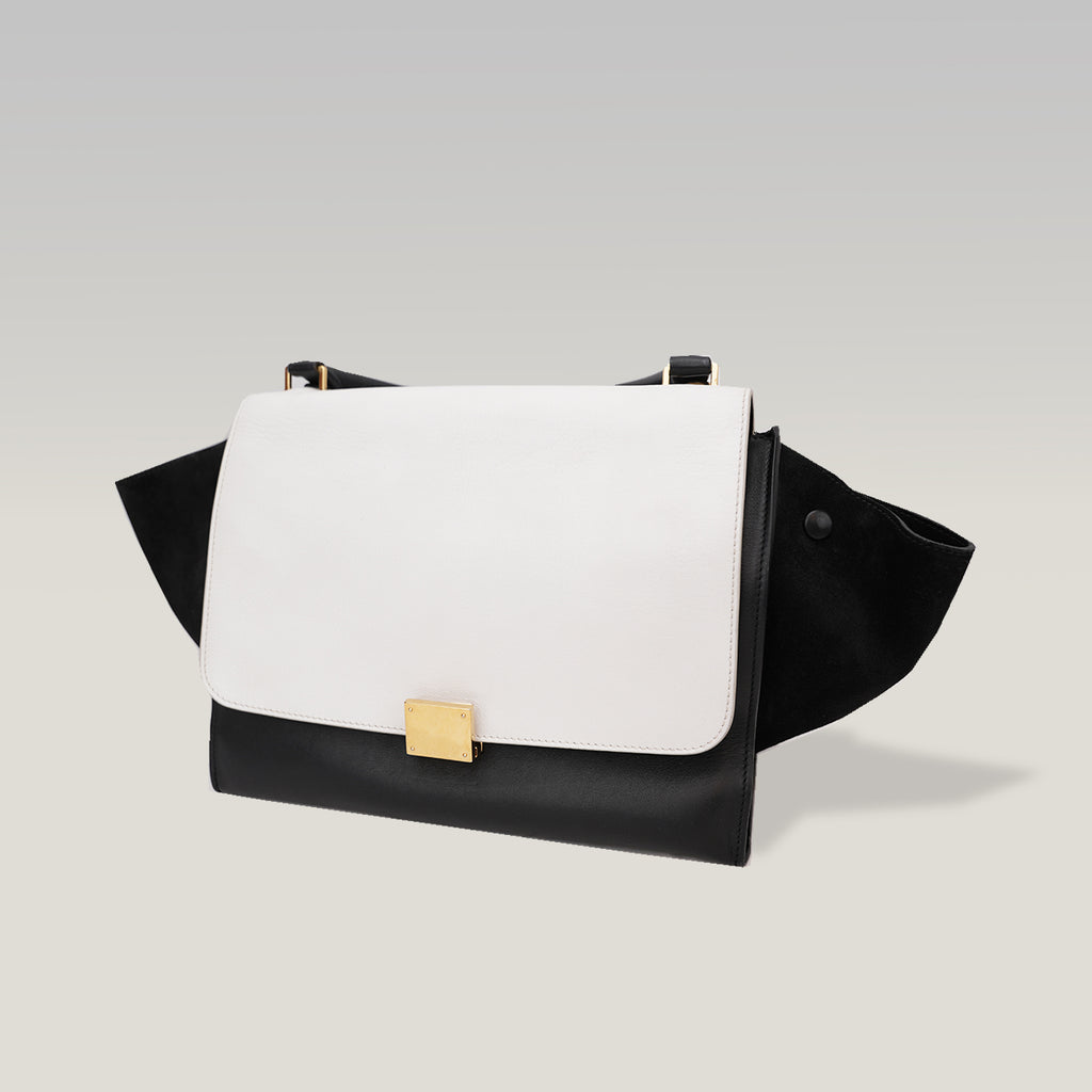 Celine Trapeze Bicolor Leather & Suede Shoulder Bag Black White Medium