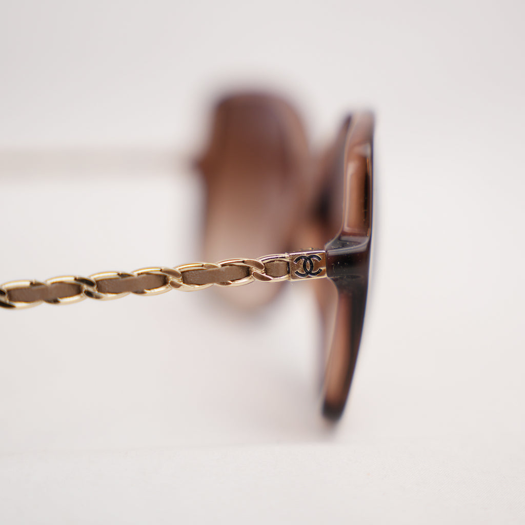 Chanel Brown Gradient Square Sunglasses with Lambskin Chain Detail