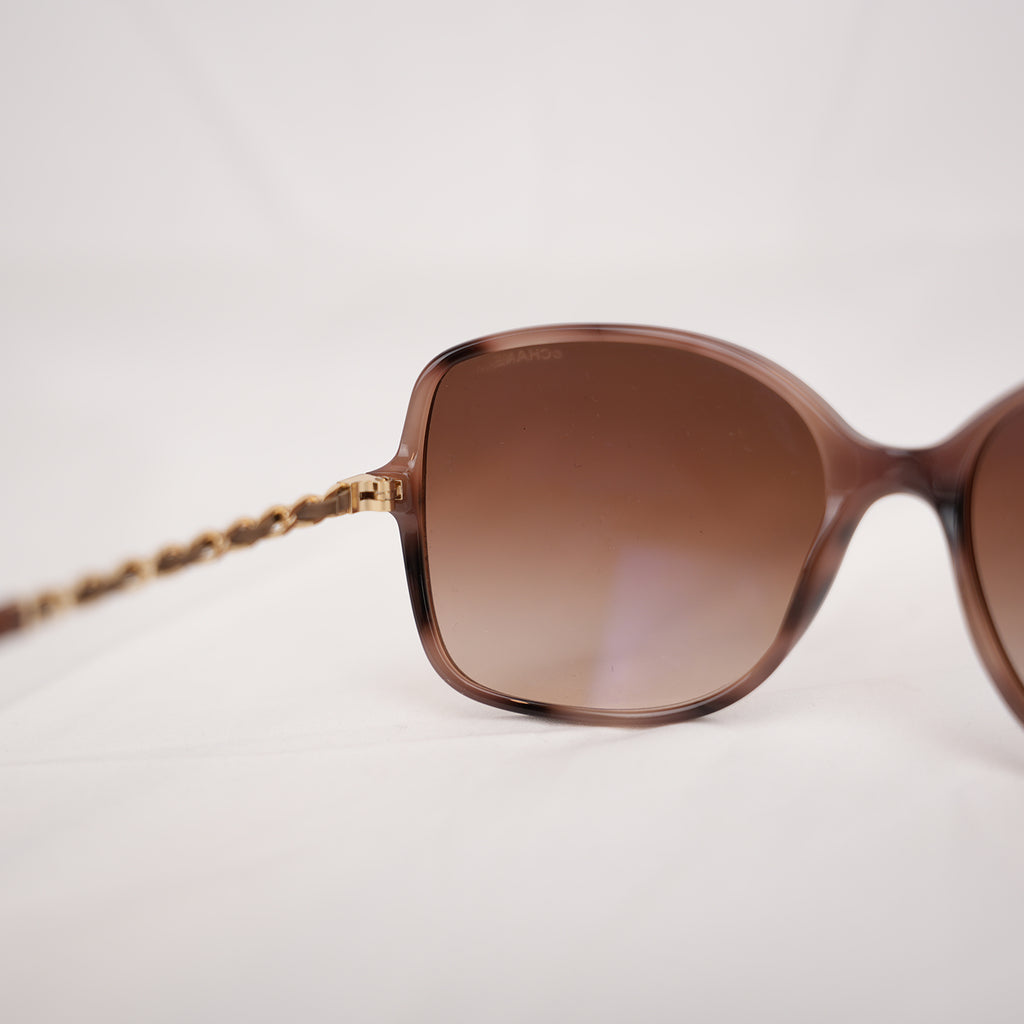 Chanel Brown Gradient Square Sunglasses with Lambskin Chain Detail
