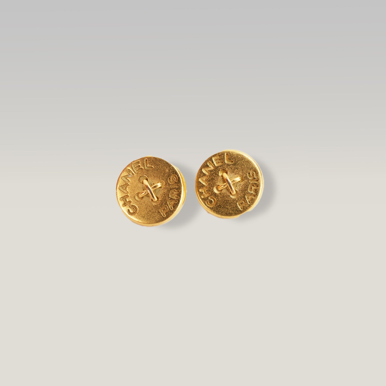 Chanel Vintage Gold Tone Logo Button Clip-On Earrings Round CC Paris