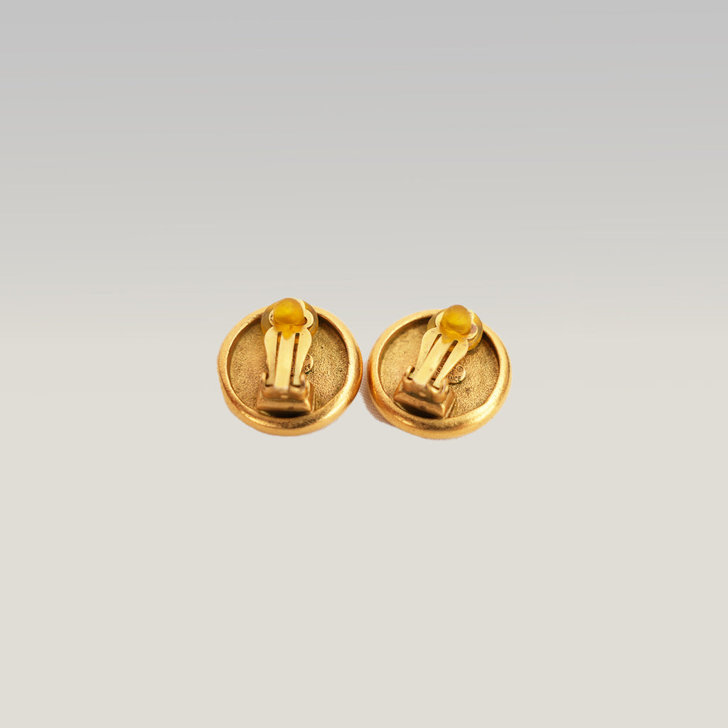 Chanel Vintage Gold Tone Logo Button Clip-On Earrings Round CC Paris